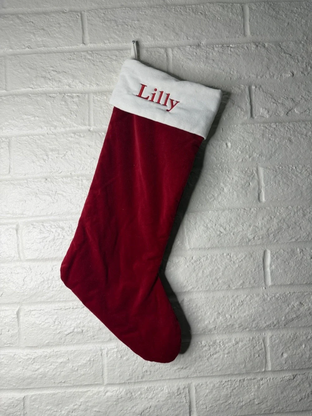 Extra Large Pottery Barn Classic Velvet Stocking Red w/White “Lilly”